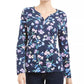 Karen Scott Blusa Henley Feminina Estampa Floral Azul Marinho Tamanho Extra Grande