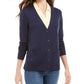 Cardigan feminino de lã merino com decote em V, azul, tamanho grande