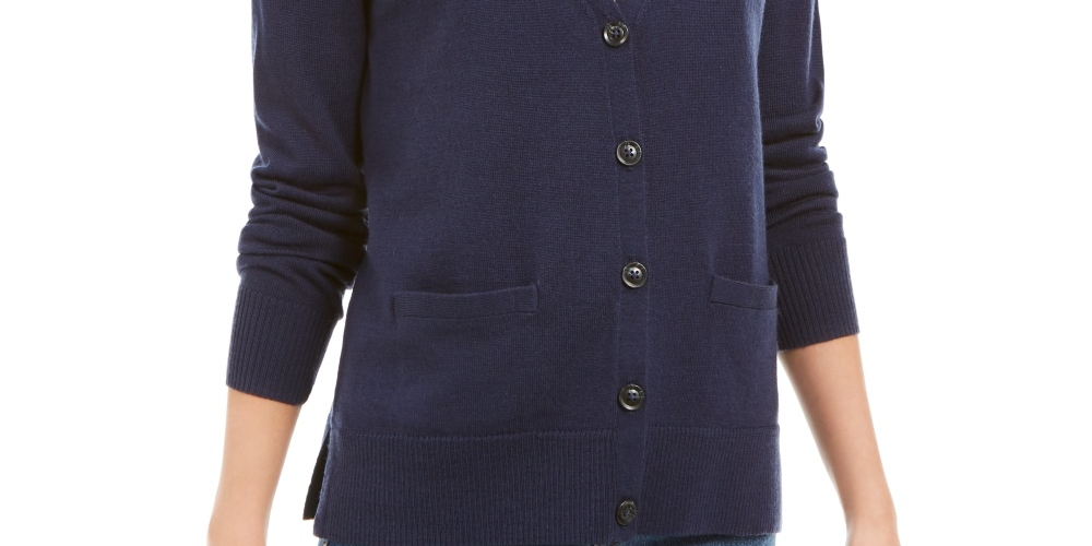 Cardigan feminino de lã merino com decote em V, azul, tamanho grande