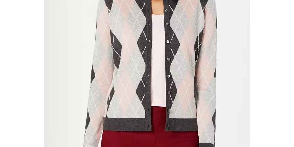 Cardigan feminino de malha argyle Charter Club cinza escuro, tamanho médio