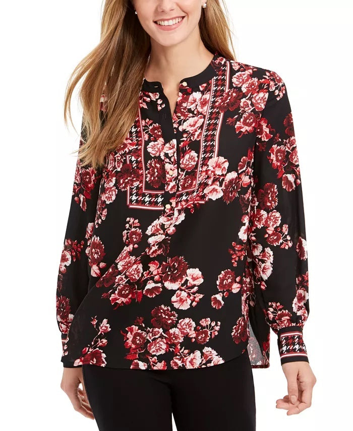 Blusa feminina Charter Club com decote em v e punho floral, tamanho grande, vermelha