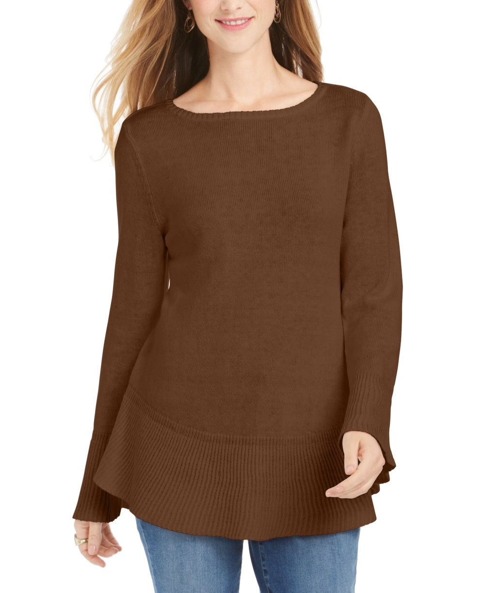 Suéter túnica feminino estilo &amp; co, pequeno, com babados, cáqui, pequeno, pequeno