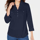 Camisa polo feminina Karen Scott Petite manga 3/4 azul marinho tamanho P
