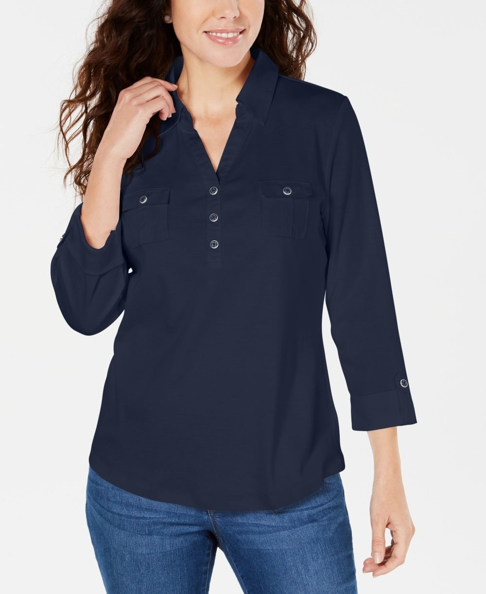 Camisa polo feminina Karen Scott Petite manga 3/4 azul marinho tamanho P