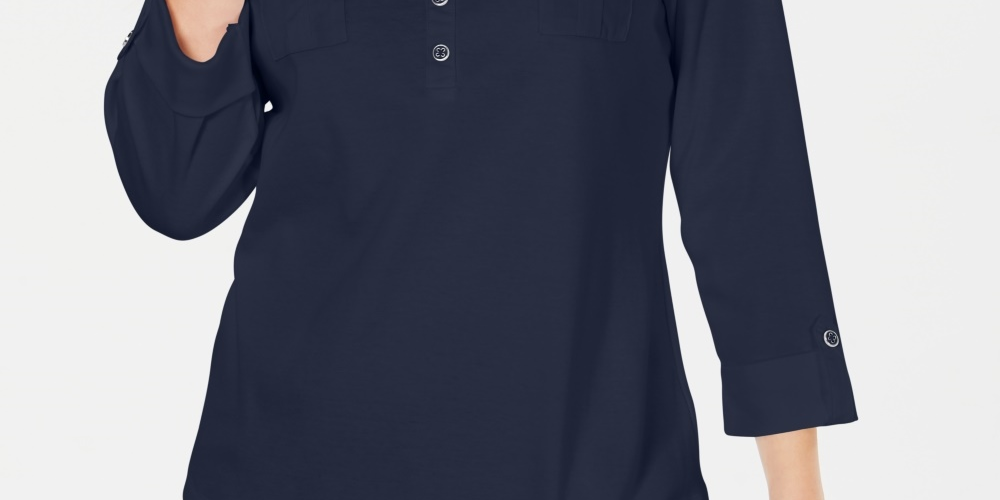 Camisa polo feminina Karen Scott Petite manga 3/4 azul marinho tamanho P