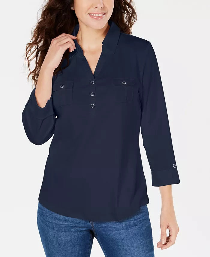 Camisa polo feminina Karen Scott Petite manga 3/4 azul escuro tamanho Petit