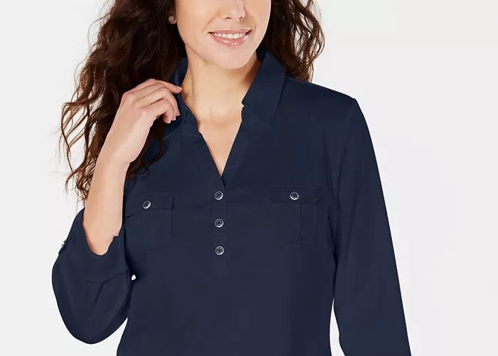Camisa polo feminina Karen Scott Petite manga 3/4 azul escuro tamanho Petit
