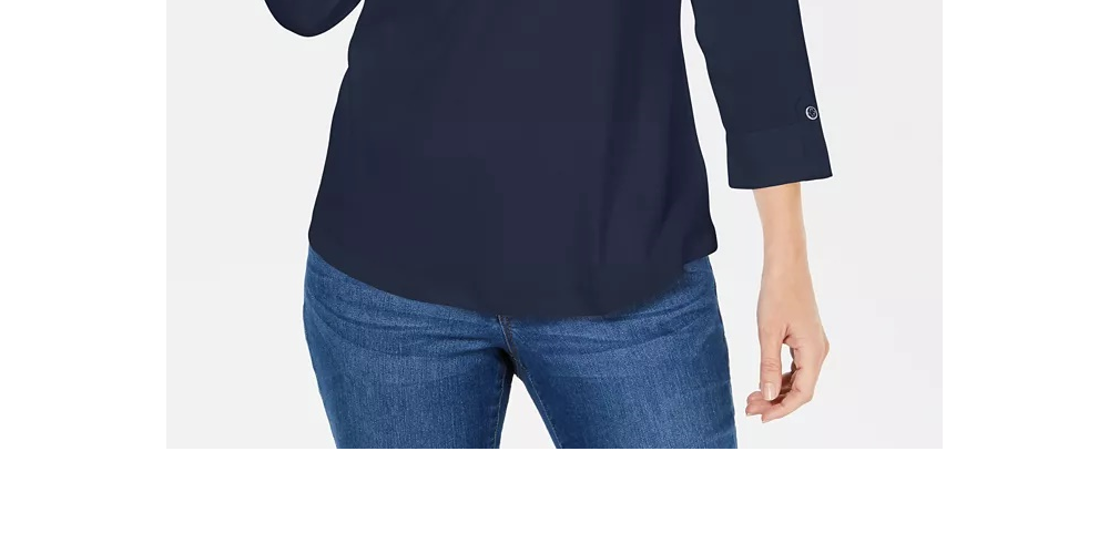 Camisa polo feminina Karen Scott Petite manga 3/4 azul escuro tamanho Petit