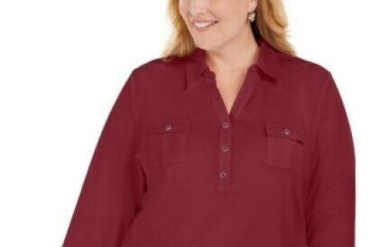 Polo Karen Scott feminino de algodão com manga 3/4, vermelho, tamanho 1X
