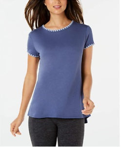 Ideology Women's Blanket Stitch Drop Hem T-Shirt Blue Size X-Large