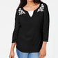 Blusa feminina Karen Scott de algodão bordado com efeito em camadas, preta, tamanho pequeno