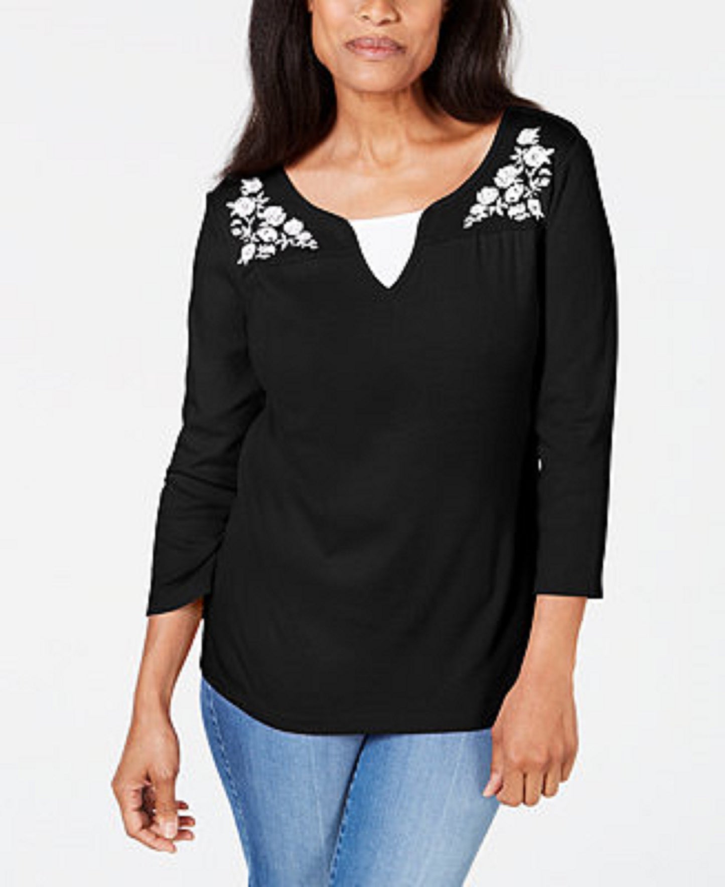 Blusa feminina Karen Scott de algodão bordado com efeito em camadas, preta, tamanho pequeno