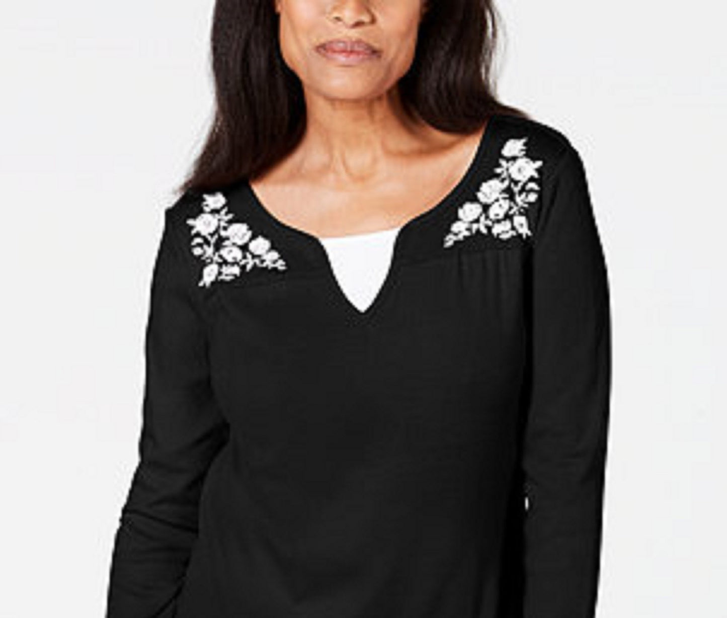 Blusa feminina Karen Scott de algodão bordado com efeito em camadas, preta, tamanho pequeno