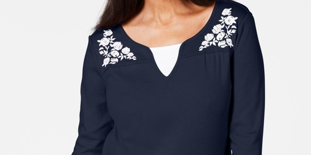 Blusa feminina Karen Scott de algodão bordado com camadas, azul-marinho, tamanho X-S