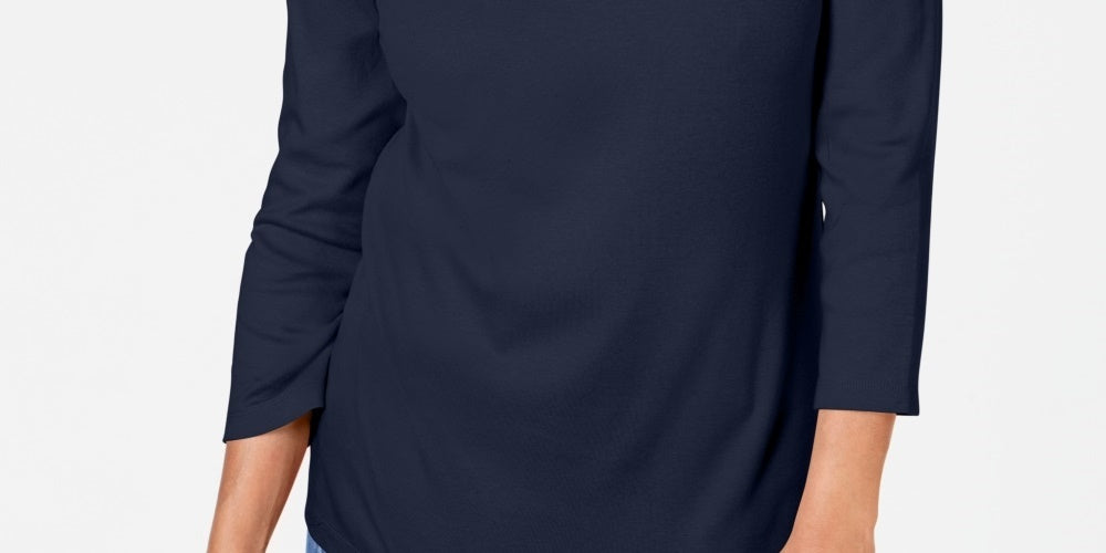 Blusa feminina Karen Scott de algodão bordado com camadas, azul-marinho, tamanho X-S