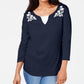Karen Scott Blusa feminina bordada de algodão com efeito em camadas, tamanho azul-marinho, pequena e média