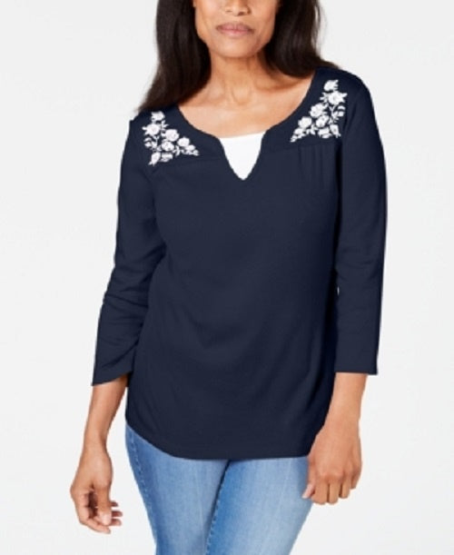 Karen Scott Blusa feminina bordada de algodão com efeito em camadas, tamanho azul-marinho, pequena e média