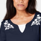 Karen Scott Blusa feminina bordada de algodão com efeito em camadas, tamanho azul-marinho, pequena e média