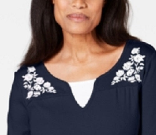 Karen Scott Blusa feminina bordada de algodão com efeito em camadas, tamanho azul-marinho, pequena e média