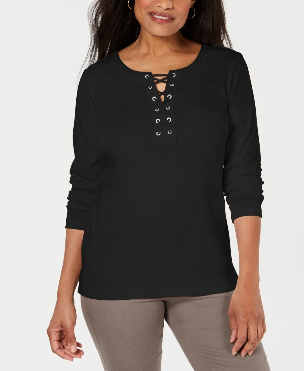 Karen Scott Blusa de algodão com cadarço feminina, preta, tamanho X-S