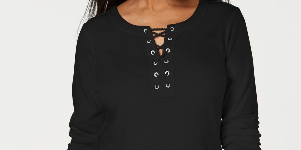 Karen Scott Blusa de algodão com cadarço feminina, preta, tamanho X-S