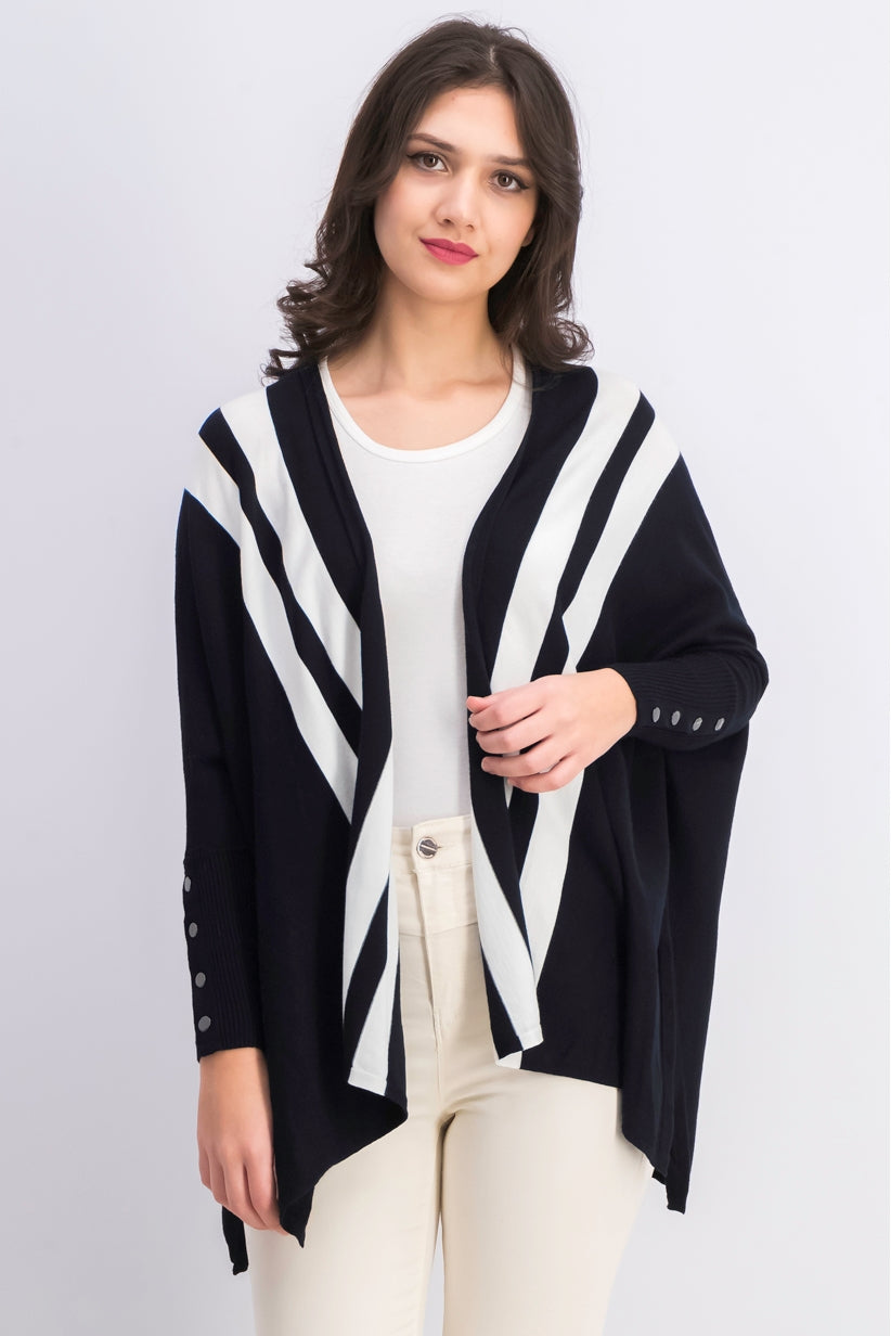 Cardigan feminino Alfani Petite listrado com abertura frontal, preto, tamanho médio