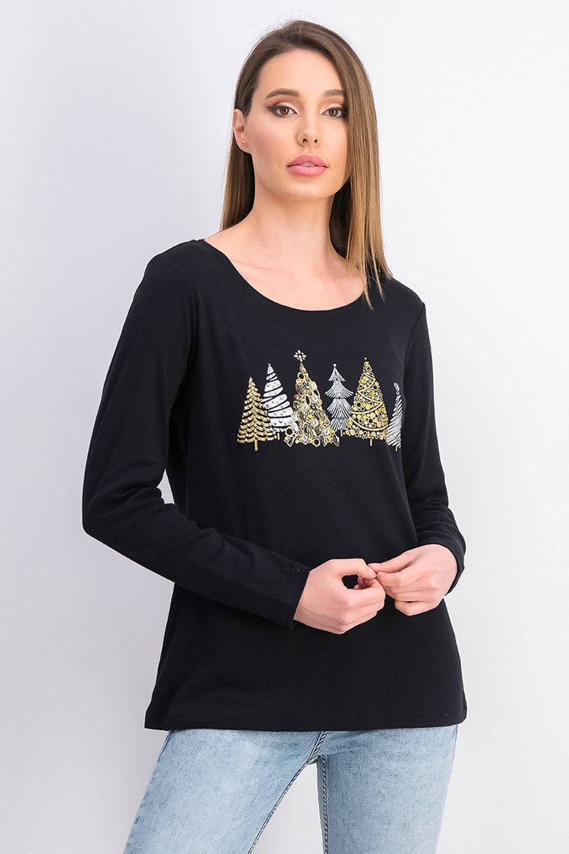 Camisa feminina Karen Scott Sparkle Holiday Graphic preta tamanho X-G