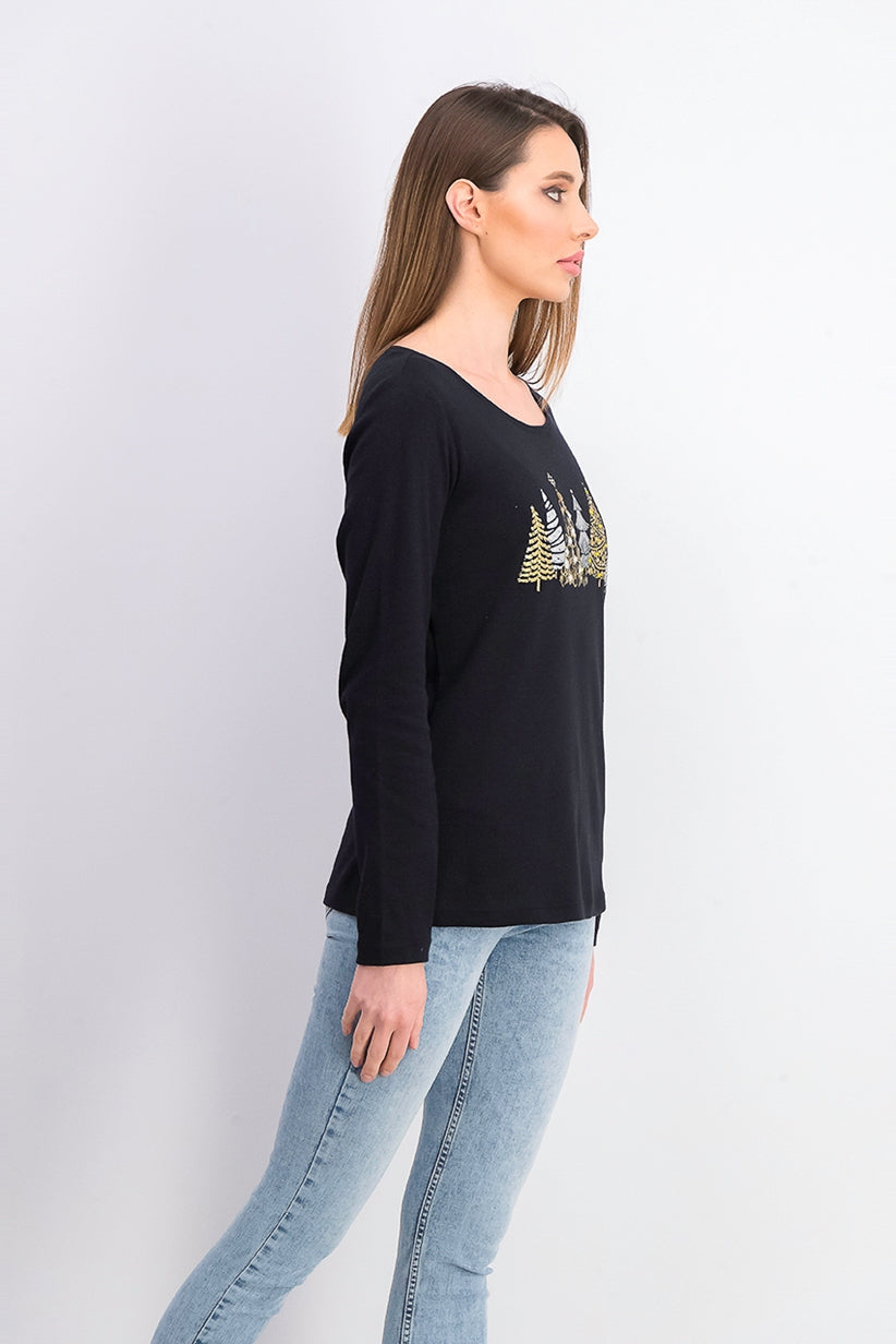 Camisa feminina Karen Scott Sparkle Holiday Graphic preta tamanho X-G