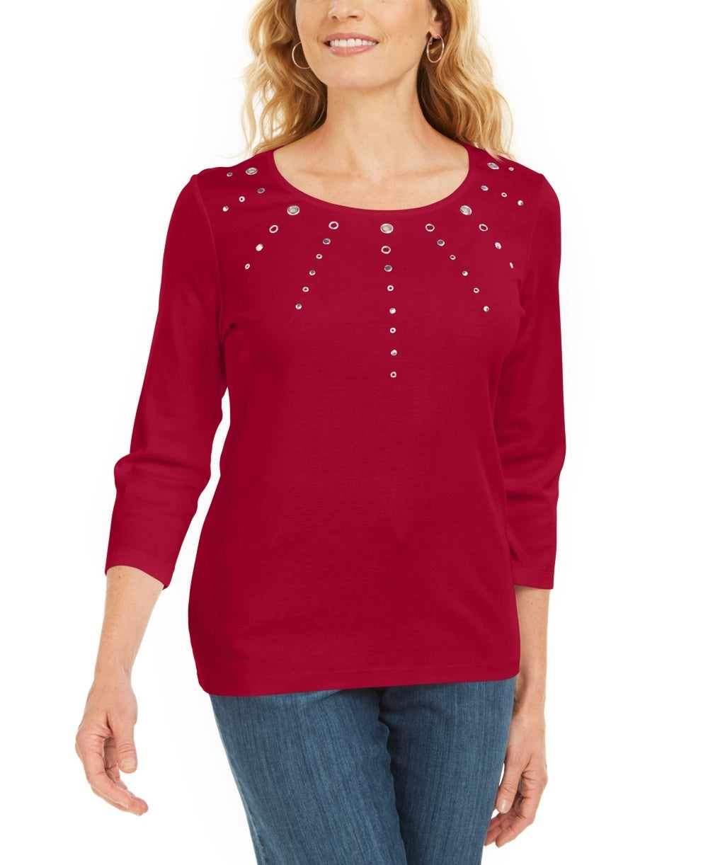 Karen Scott Top Feminino Petite Cotton Grommet-Hardware Vermelho Tamanho P