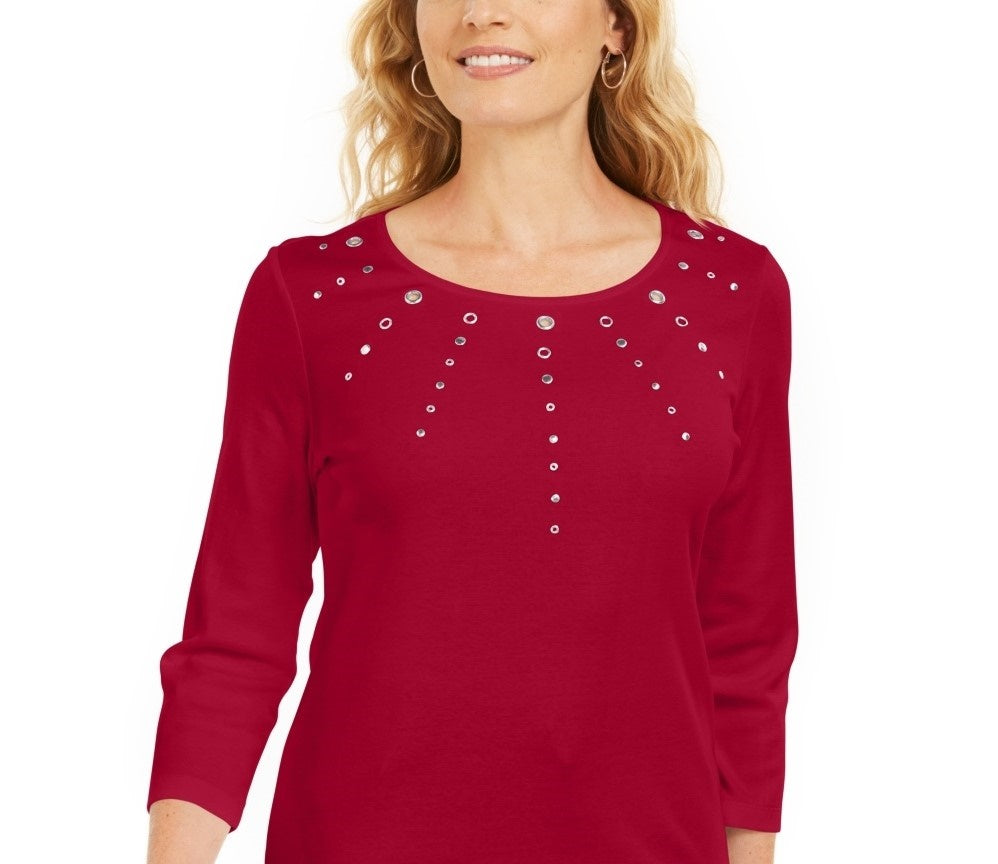 Karen Scott Top Feminino Petite Cotton Grommet-Hardware Vermelho Tamanho P