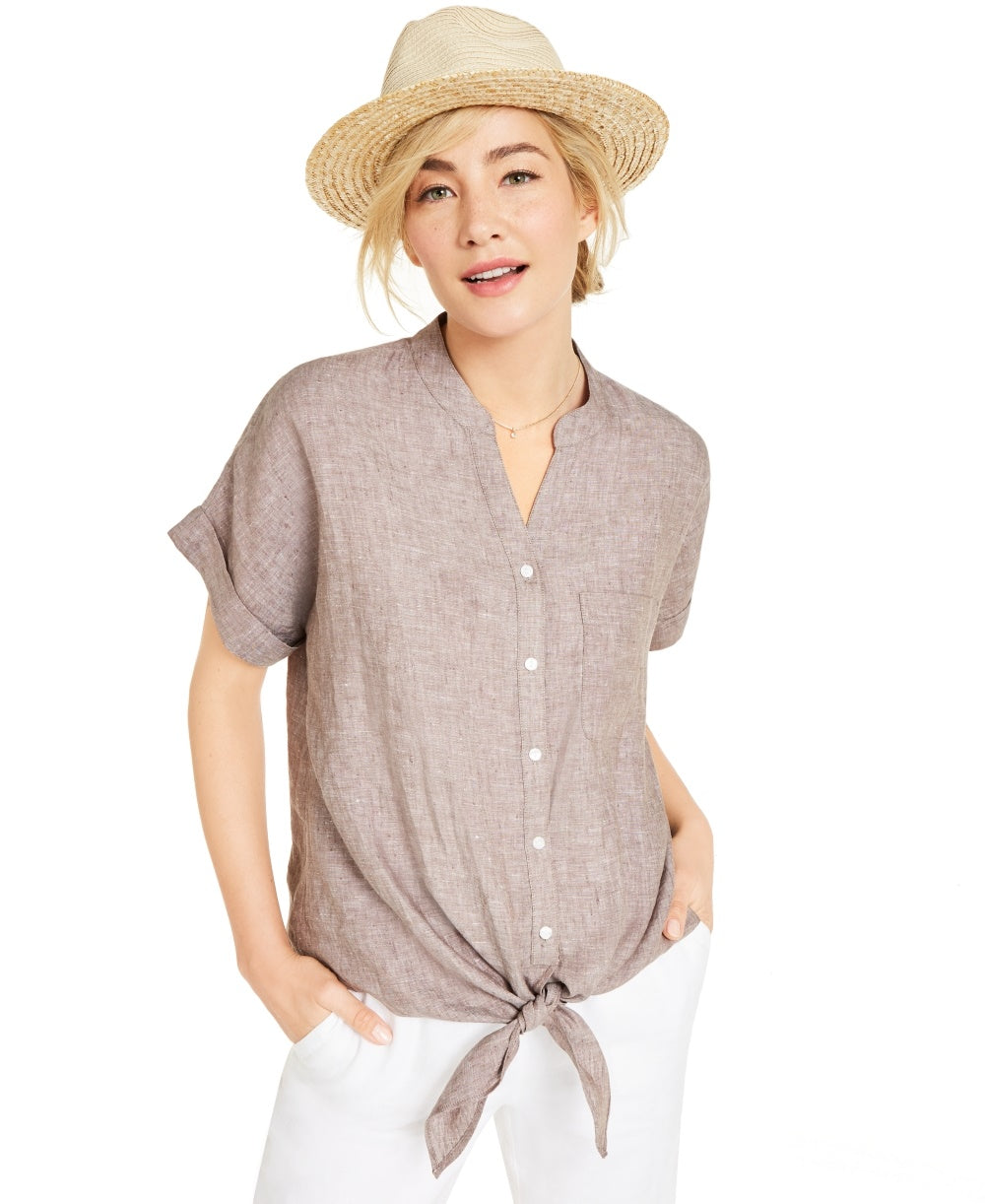 Camisa feminina Charter Club de linho com botões frontais e amarração, tamanho extragrande, marrom