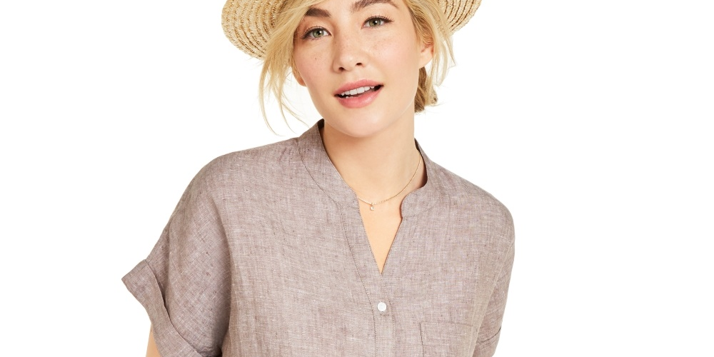 Camisa feminina Charter Club de linho com botões frontais e amarração, tamanho extragrande, marrom