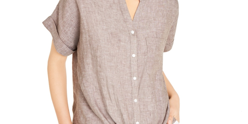 Camisa feminina Charter Club de linho com botões frontais e amarração, tamanho extragrande, marrom