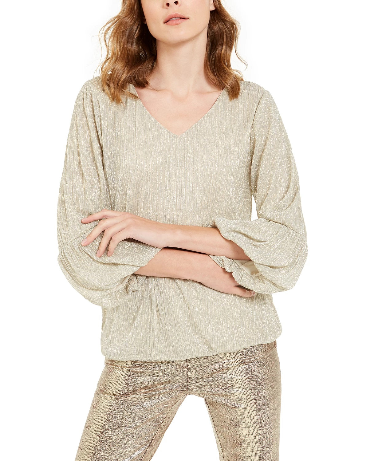 Top feminino Alfani Petite Metallic Bubble, amarelo, tamanho pequeno, médio