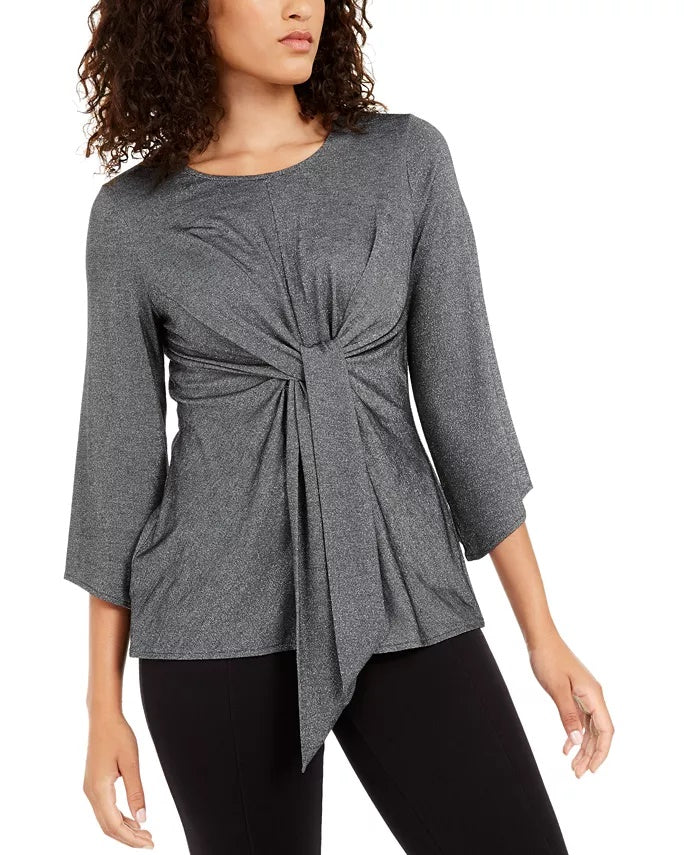 Blusa feminina Alfani metálica com amarração frontal cinza escuro tamanho pequeno
