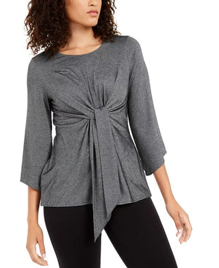 Alfani Women's Metallic Tie-Front Top Dark Gray Size Small