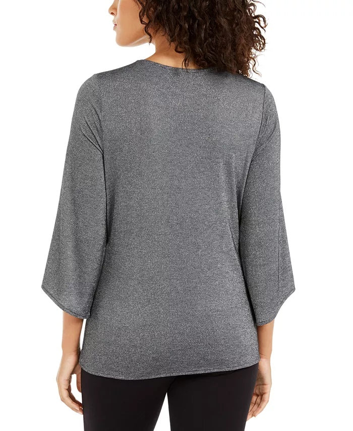 Blusa feminina Alfani metálica com amarração frontal cinza escuro tamanho pequeno