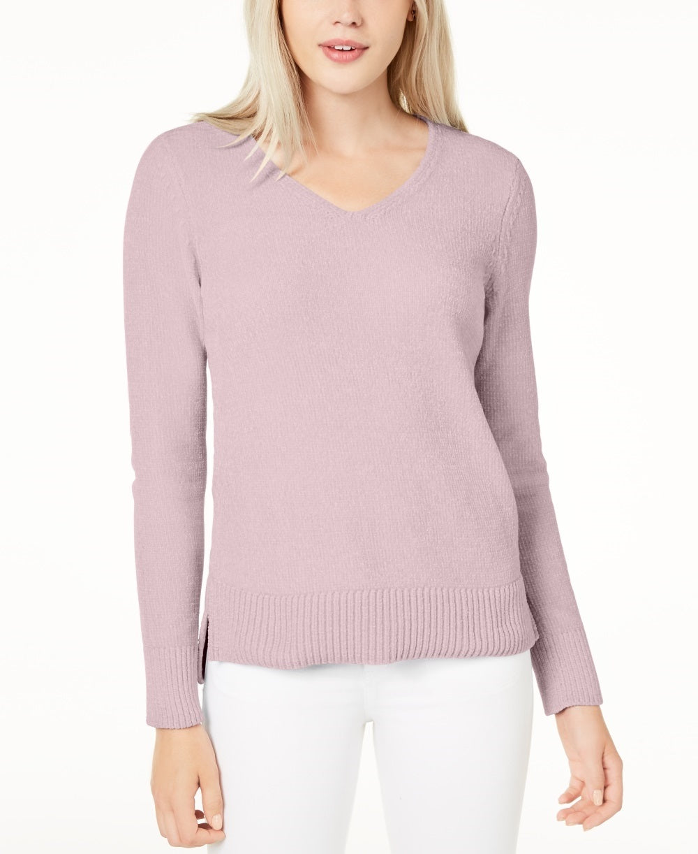 Suéter feminino Maison Jules em chenille com decote em V, rosa, tamanho extragrande