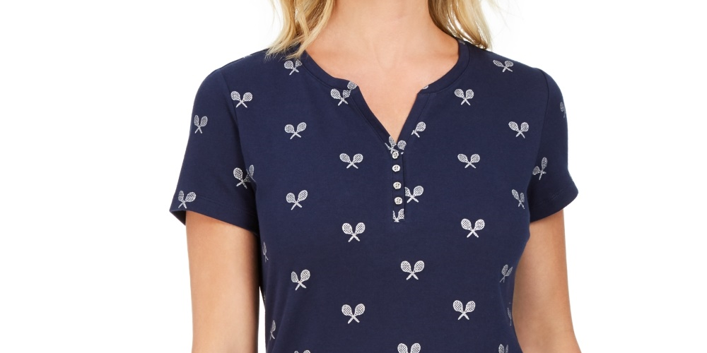 Karen Scott Perfect Swing Metálico Bordado Henley Top Feminino Azul Marinho Tamanho Grande