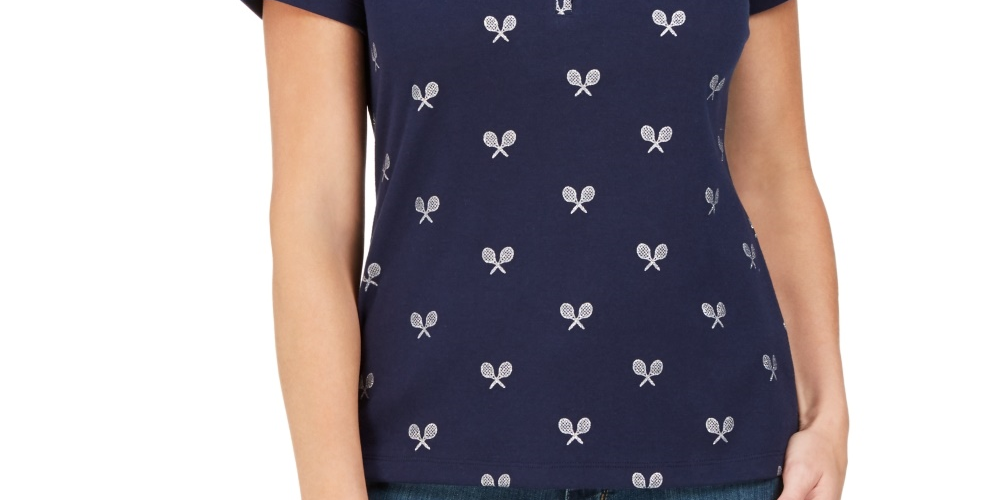 Karen Scott Perfect Swing Metálico Bordado Henley Top Feminino Azul Marinho Tamanho Grande
