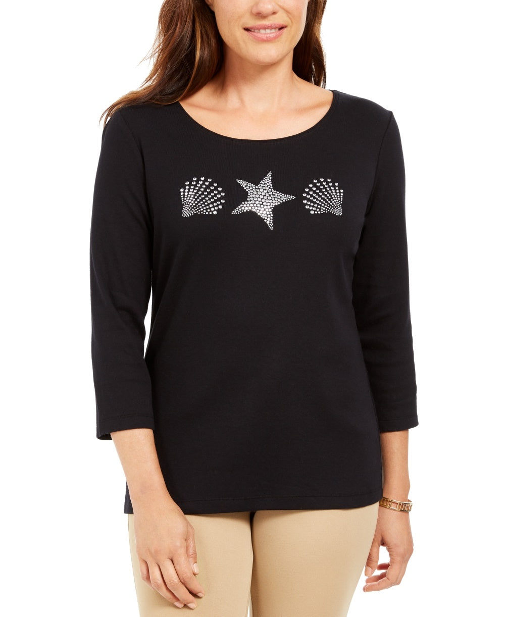 Karen Scott Top Feminino com Tachas e Conchas, Preto, Tamanho Pequeno