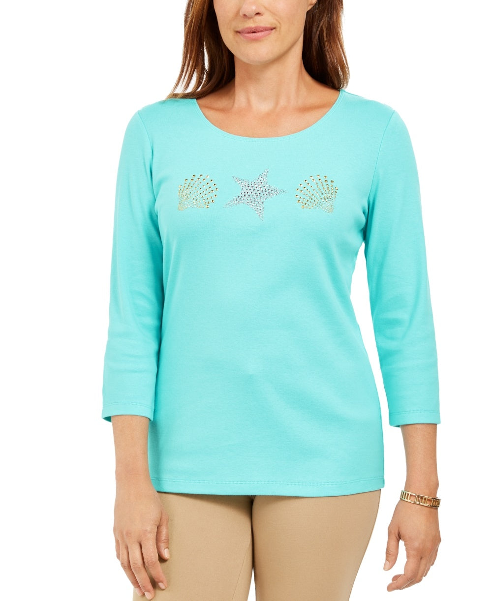 Karen Scott Top Feminino com Tachas e Conchas Azul Tamanho P