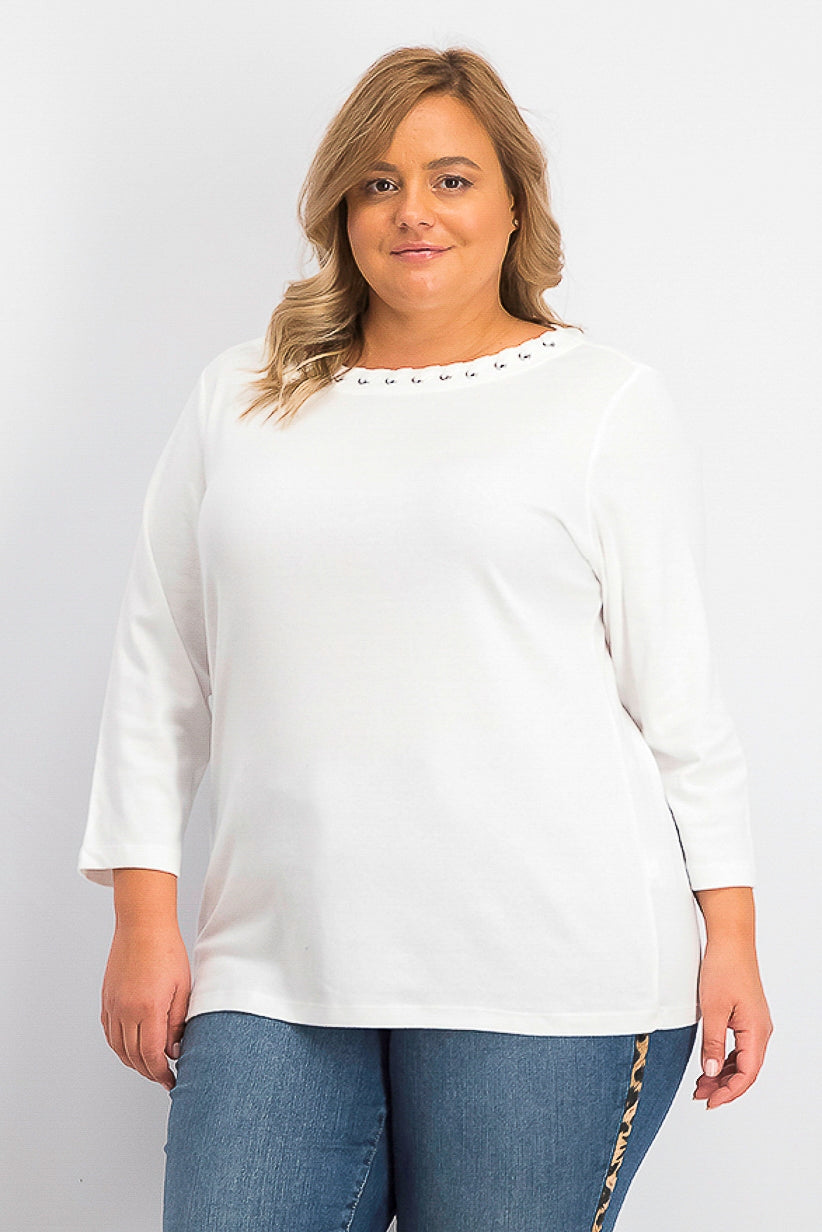 Karen Scott Top de algodão com ilhós feminino, branco, tamanho grande