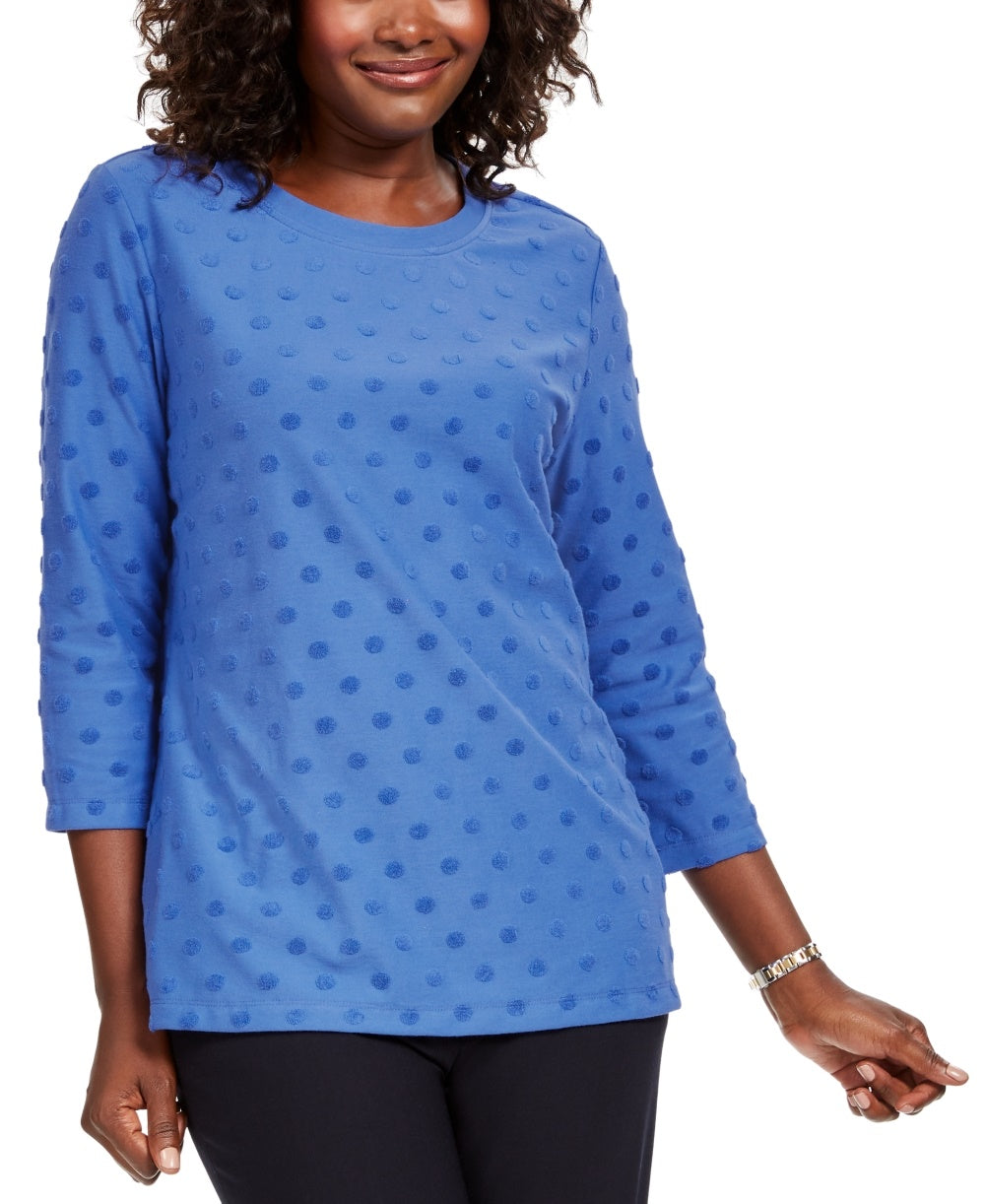 Karen Scott Top esportivo feminino texturizado com bolinhas, manga 3/4, azul, tamanho X-S