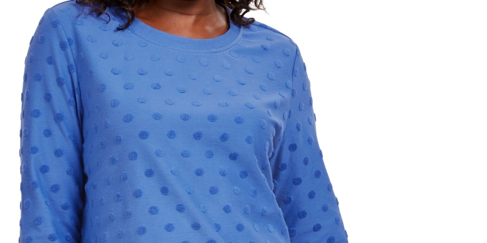 Karen Scott Top esportivo feminino texturizado com bolinhas, manga 3/4, azul, tamanho X-S