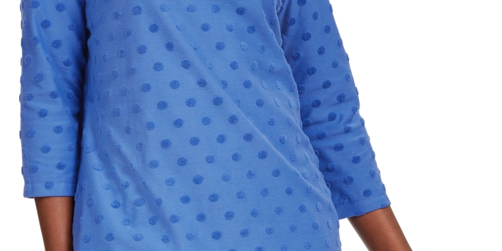 Karen Scott Top esportivo feminino texturizado com bolinhas, manga 3/4, azul, tamanho X-S