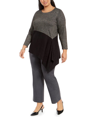 Suéter assimétrico com blocos de cores Alfani feminino, preto, tamanho 1X