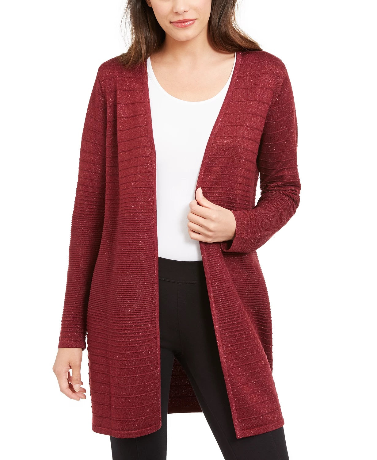 Cardigan feminino Alfani metálico com abertura frontal, vermelho, tamanho médio