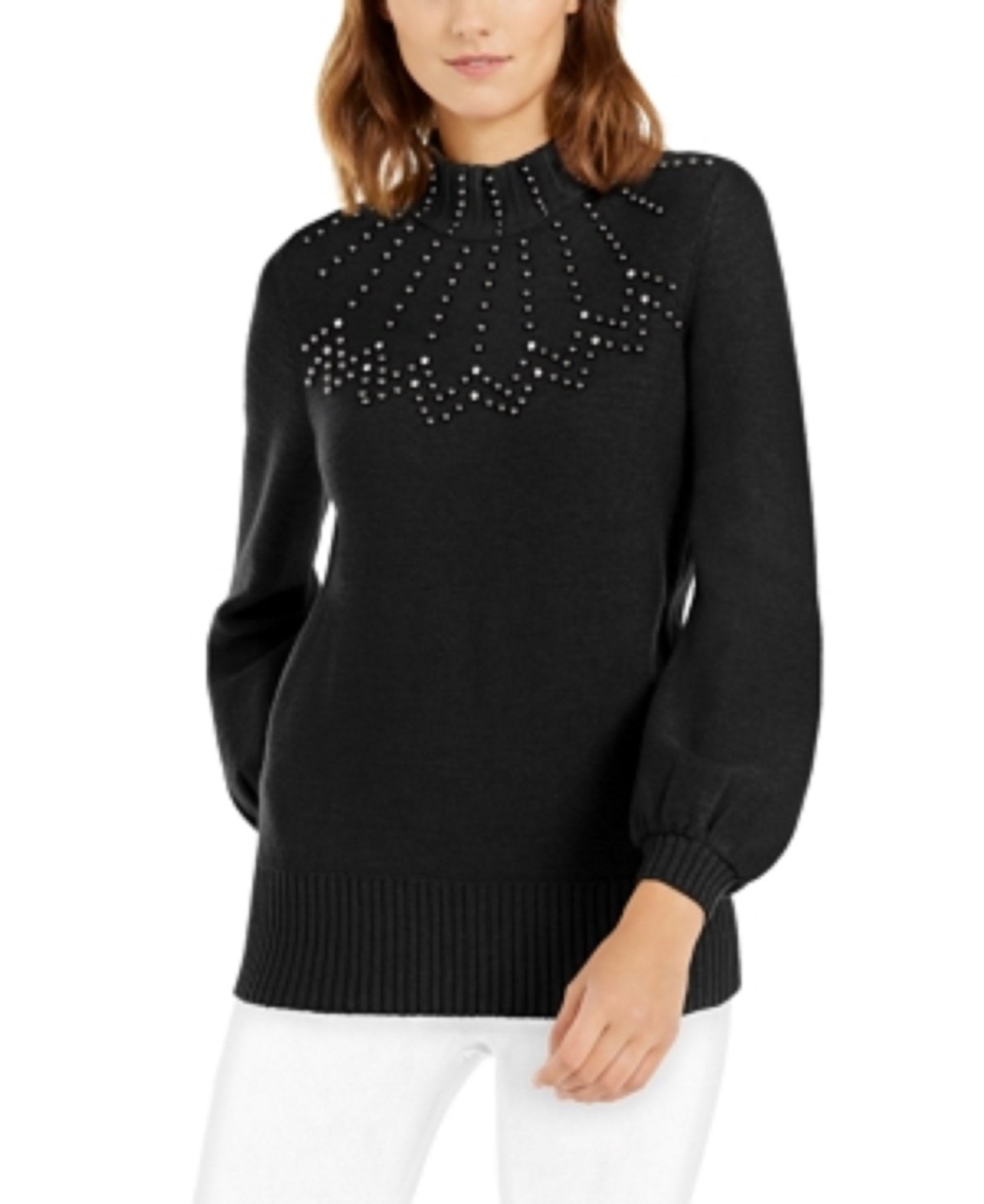 Alfani Suéter Feminino Petite Gola Alta Enfeitado Preto Tamanho Médio