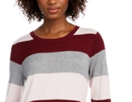 Camiseta feminina Maison Jules com estampa de blocos de cores, manga comprida, gola redonda, vinho, tamanho médio